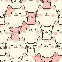 Cute Pink and White Cats Seamless Pattern - Kawaii Kitty Faces Background © WydsProject