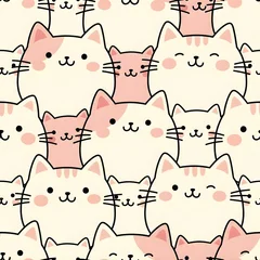 Cute Pink and White Cats Seamless Pattern - Kawaii Kitty Faces Background © WydsProject