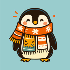 Smiling cartoon penguin wearing a patterned orange scarf
