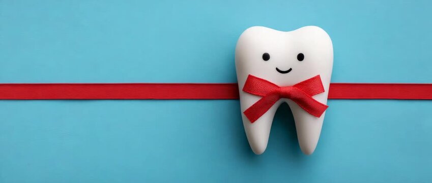 White teeth model on turquoise with a crimson ribbon.  Idea for a dental care gift.