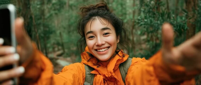 A joyful young woman wearing an orange jacket is seen in a photograph of a bamboo forest with a grin on her face and her hand outstretched toward the camera.