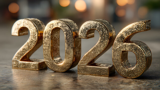 Shimmering gold numbers 2026 are displayed against a blurred green backdrop, symbolizing the anticipation of the New Year