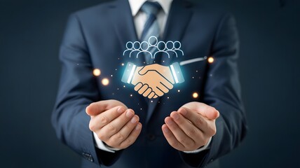 Digital handshake icon floating above businessman’s hands representing business partnership, trust building, customer relationships, collaboration, loyalty, and professional corporate connections toda