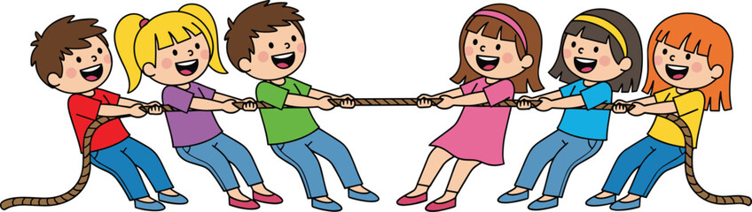 Children playing tug-of-war game in teams, showcasing teamwork, fun, competition, physical activity, friendship, outdoor play, and childhood joy.