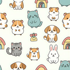 Cute Kawaii Pet Animals Seamless Pattern - Cartoon Cat Dog Rabbit Hamster Background
