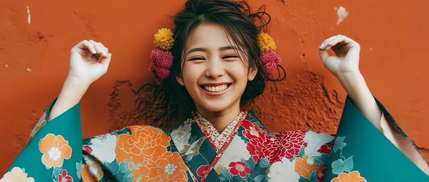 Smiling, a young Asian woman in a traditional flowery kimono