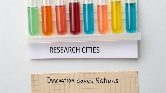 Colorful Test Tubes with Research Cities Title and Innovation Saves Nations Message for Science and Education Themes