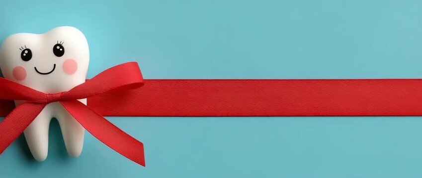 White teeth model on turquoise with a crimson ribbon.  Idea for a dental care gift.