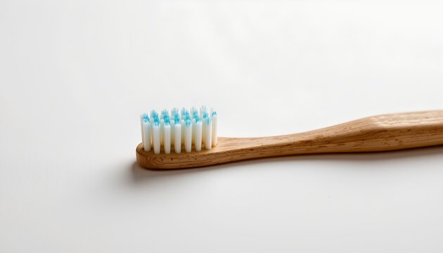 A white toothbrush with blue bristles positioned to one side, and next to it is a wooden toothbrush holder with the same design as the brush. They are set against a plain background.