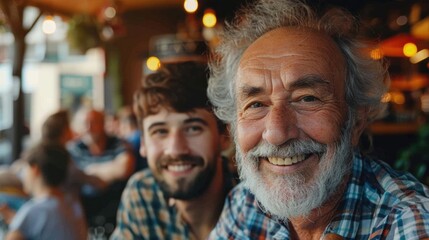 Happy senior man enjoys in son's affection on Father's day.