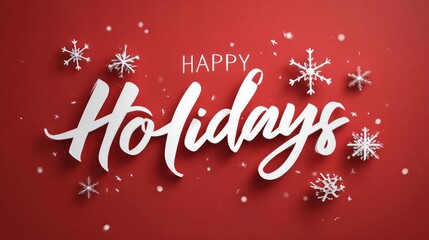 Festive happy holidays handwritten calligraphy with sparkling snowflakes and confetti on a vibrant red background