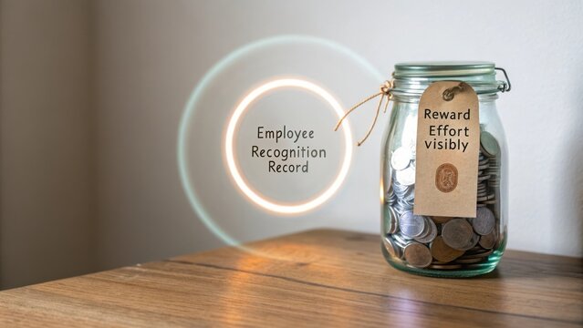 Employee Recognition Record with Coins in Glass Jar for Rewarding Efforts and Acknowledging Contributions in Workplace