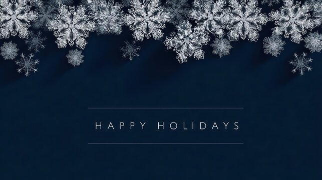 Elegant dark blue background with a decorative border of sparkling white snowflakes and the text happy holidays - Powered by Adobe