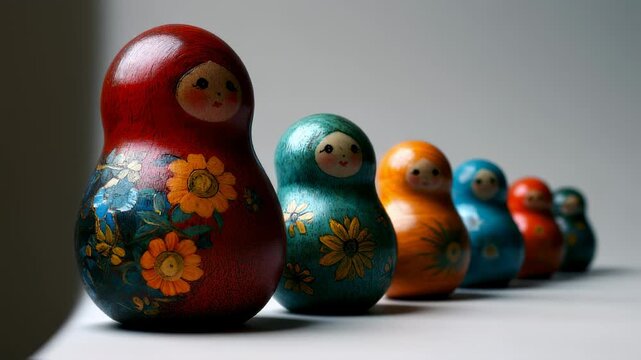 Colorful Matryoshka Dolls Video - Traditional Russian Nesting Dolls in a Row artistic