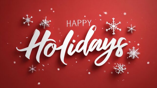 Festive happy holidays handwritten calligraphy with sparkling snowflakes and confetti on a vibrant red background - Powered by Adobe