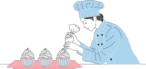 Professional pastry chef decorating cupcakes with icing in bakery kitchen, showcasing culinary skills, dessert preparation, and baking artistry process.