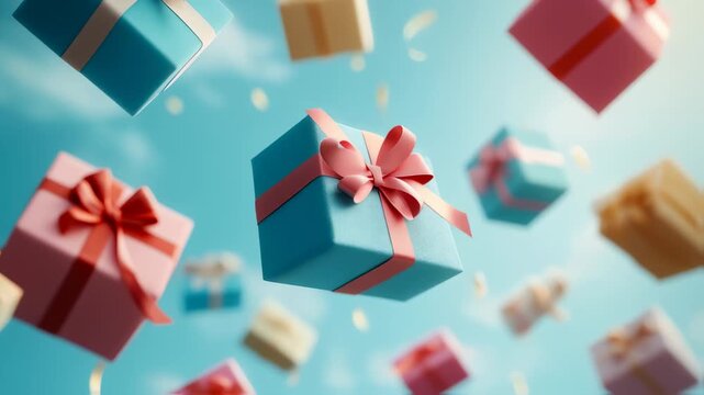 Festive Delight: A Colorful Cascade of Wrapped Gifts Floating Against a Sky Blue Background