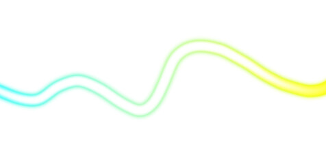 Abstract glowing neon light streak rays on transparent background. Glowing light flow wave multicolour gradient shape cutout PNG overlay. Light beams flow wave shaped.