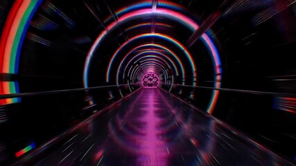 Psychedelic rainbow ring vortex tunnel converging to glowing center on magenta floor. Hypnotic neon motion portal graphic - Powered by Adobe