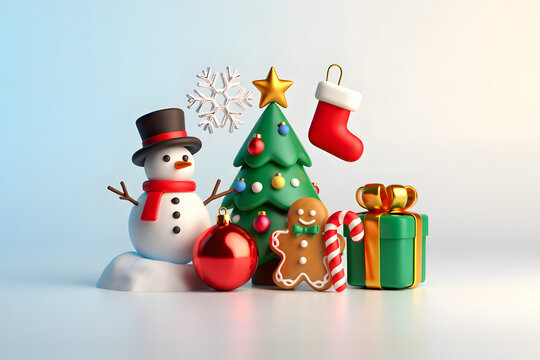 Festive christmas scene with a snowman decorated tree gingerbread man and gifts
