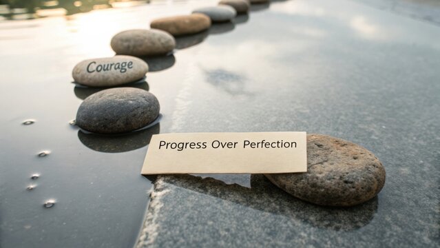 Inspirational Message on Stones by Calm Water Emphasizing Courage and Progress Over Perfection in a Serene Setting - Powered by Adobe
