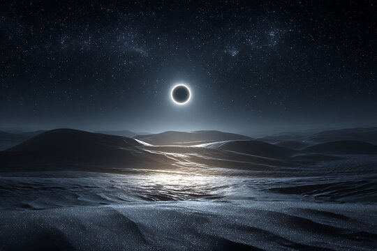 Stunning celestial eclipse over serene landscape with starry night sky for impactful, thought-provoking designs and otherworldly campaigns