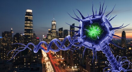 Urban Microbe: Microscopic World Invasion Over a Metropolis at Night