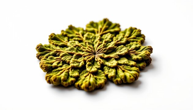 A round, intricately patterned object resembling a flower or perhaps a decorative design, positioned in the center of the frame against a white background
