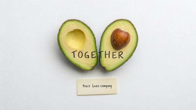 Creative avocado split design with word together and note showing pace loves company on a light background