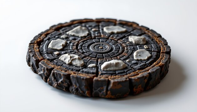 A creatively designed pizza with an intricate pattern sits atop a white countertop, capturing attention through its unconventional design and the contrast it creates against the pristine background.