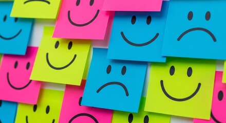 Colorful Sticky Notes with Happy and Sad Emoticons Expressing Various Moods and Feelings