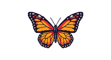 Fototapeta premium A vibrant pixel art butterfly in orange and black, showcasing intricate wing patterns on a clean white background.