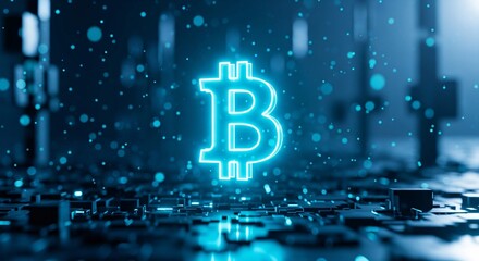 Glowing Bitcoin Symbol Represents Digital Cryptocurrency on a Dark Blue Futuristic Technology Background