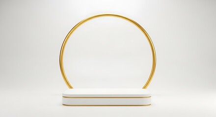 Minimalist white podium with gold ring accent isolated on white background