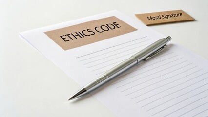 Ethics Code Document with Moral Signature Card and Silver Pen on a Clean White Background