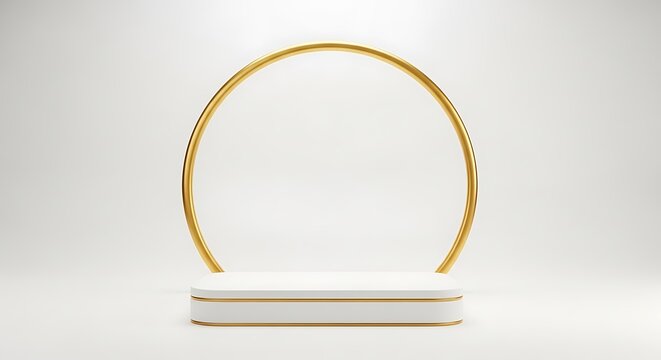 Minimalist white podium with gold ring accent isolated on white background
