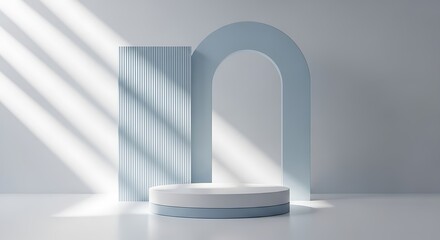 Minimalist product display pedestal with soft blue geometric arch and shadow
