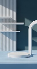 Minimalist product display podium with geometric arch and vertical paneling