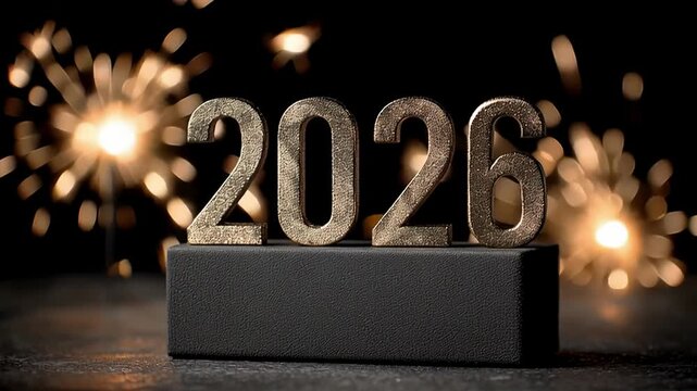 Metallic gold "2026" numerals on black base surrounded by golden fireworks bokeh bursts. Festive New Year celebration emblem