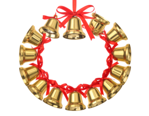 A circle of gold jingle bells with red ribbons hanging isolated on