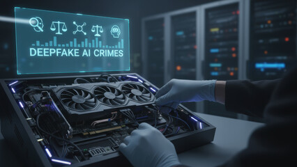 Deepfake technology and ai crimes investigation with computer hardware and data analysis in dark server room environment