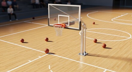 Fototapeta premium Illuminating indoor basketball court adorned with scattered balls beneath hoop structure