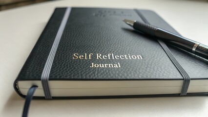 Elegant black self-reflection journal with a stylish pen placed beside it on a light-colored flat surface for mindfulness activities