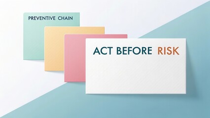 Creative Workspace with Colorful Cards Displaying Preventive Chain and Act Before Risk Message for Business Strategy Concept