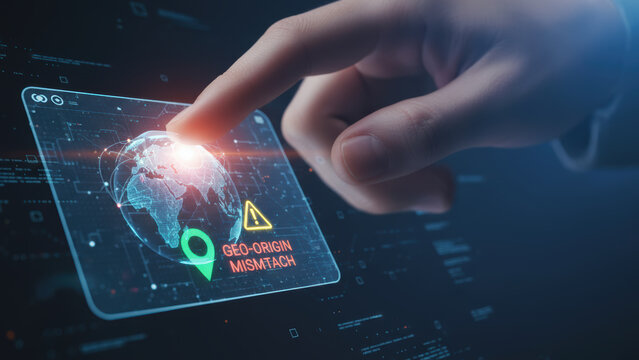 Geo origin mismatch alert on digital globe interface with finger pointing indicating deepfake and ai crimes detection technology