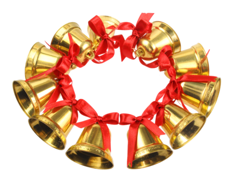 A circle of gold jingle bells with red ribbons hanging isolated on transparent png - Powered by Adobe