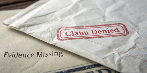 Envelope with Claim Denied Stamp and Evidence Missing Text on Crumpled Paper Background in a Business Context