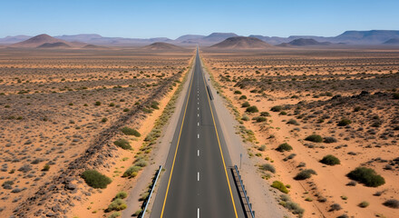 Fototapeta premium Long Straight Road Across a Desert Landscape with Mountains