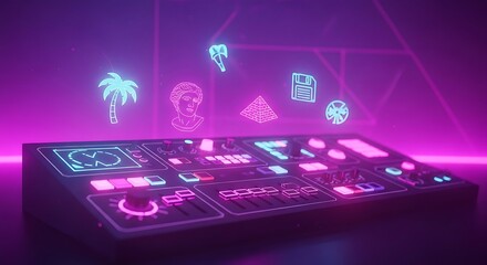 Futuristic neon control panel with holographic icons in a retro vaporwave style
