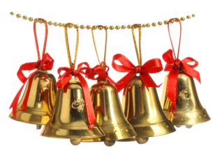 A string of gold jingle bells with red ribbons hanging isolated on transparent png